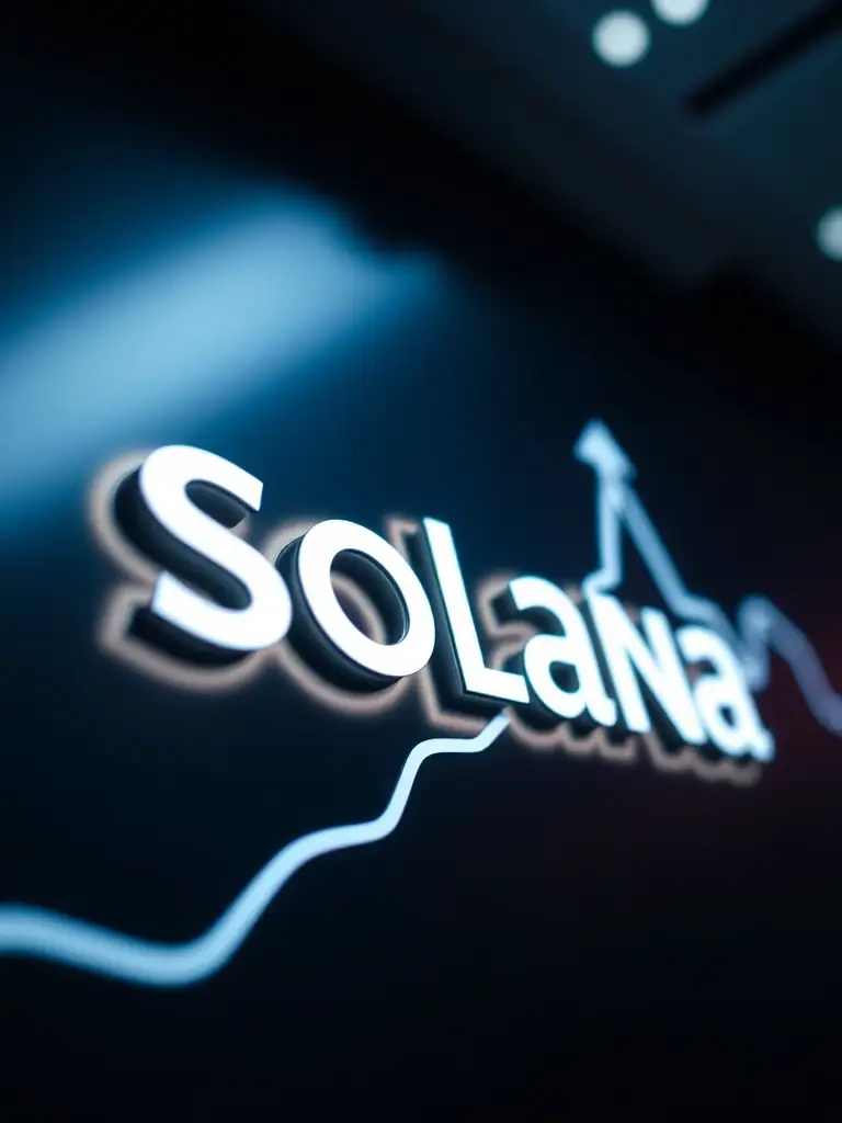 A close-up shot of a Solana blockchain logo with a rising graph in the background, symbolizing growth potential.