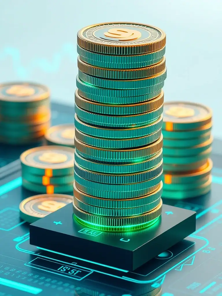 An image of SOL tokens being staked, with a visual representation of accruing rewards.