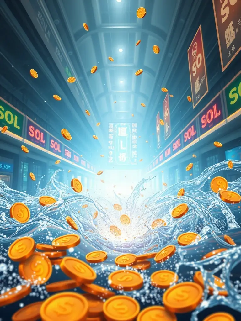 A stylized representation of high liquidity, showing SOL tokens flowing freely in a market.