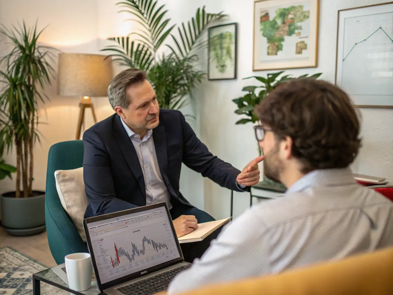 A financial advisor in a modern office setting, discussing investment strategies with a client, with charts and graphs visible on a screen in the background, symbolizing personalized consultation.